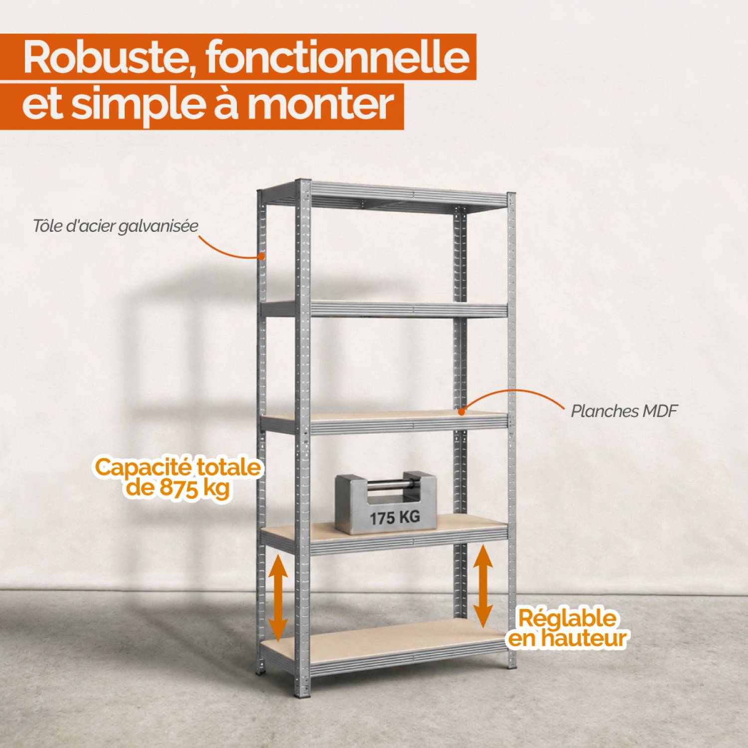 Linxor - Étagère de stockage, rangement, 5 niveaux - Métal - 180 x 110 x 40 cm - Charge maximale 875 kg - Gris - Linxor - Image 3