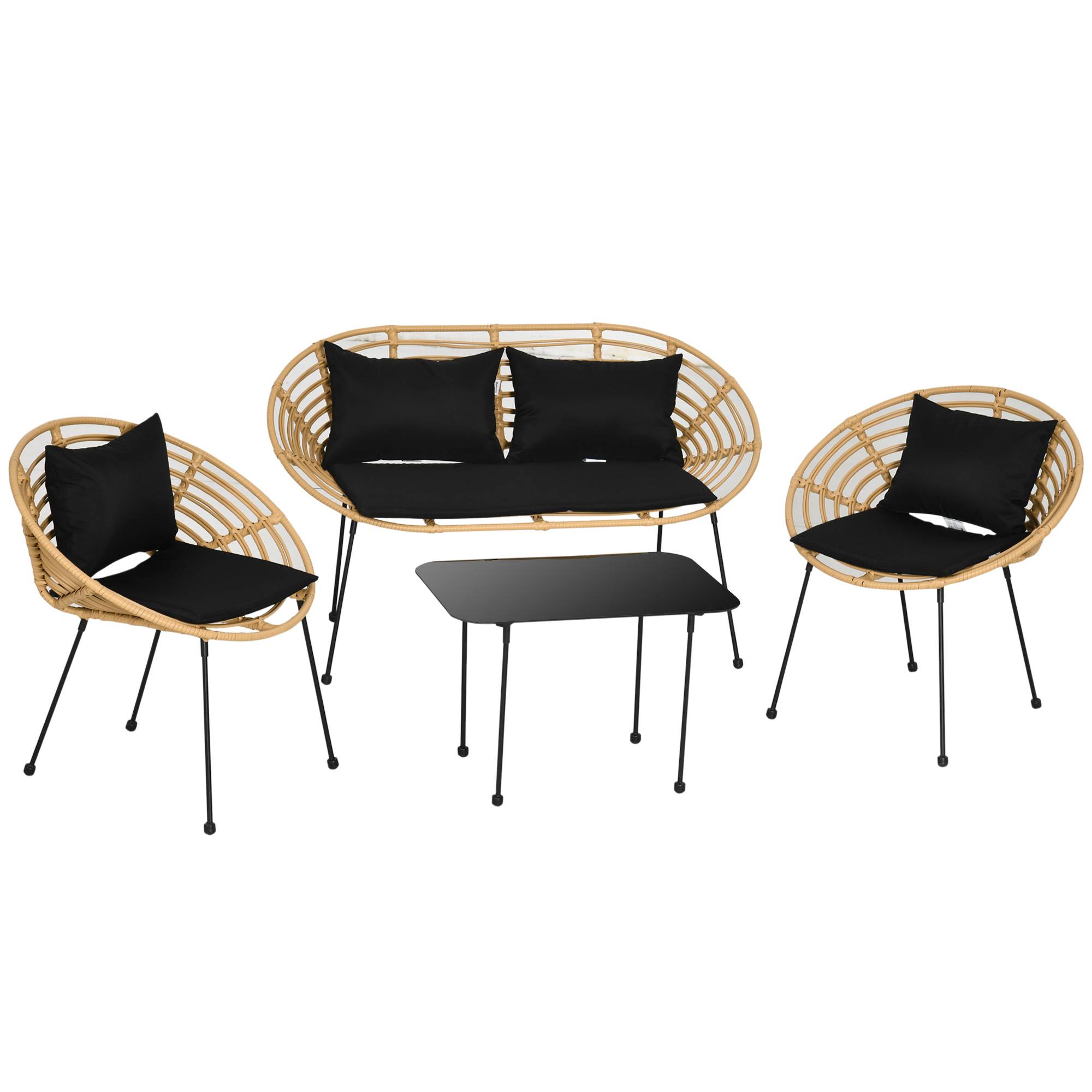 Outsunny - Salon de jardin 4 places 4 pièces style exotique table basse coussins noirs fournis résine tressée aspect rotin - Outsunny - Imagen 1