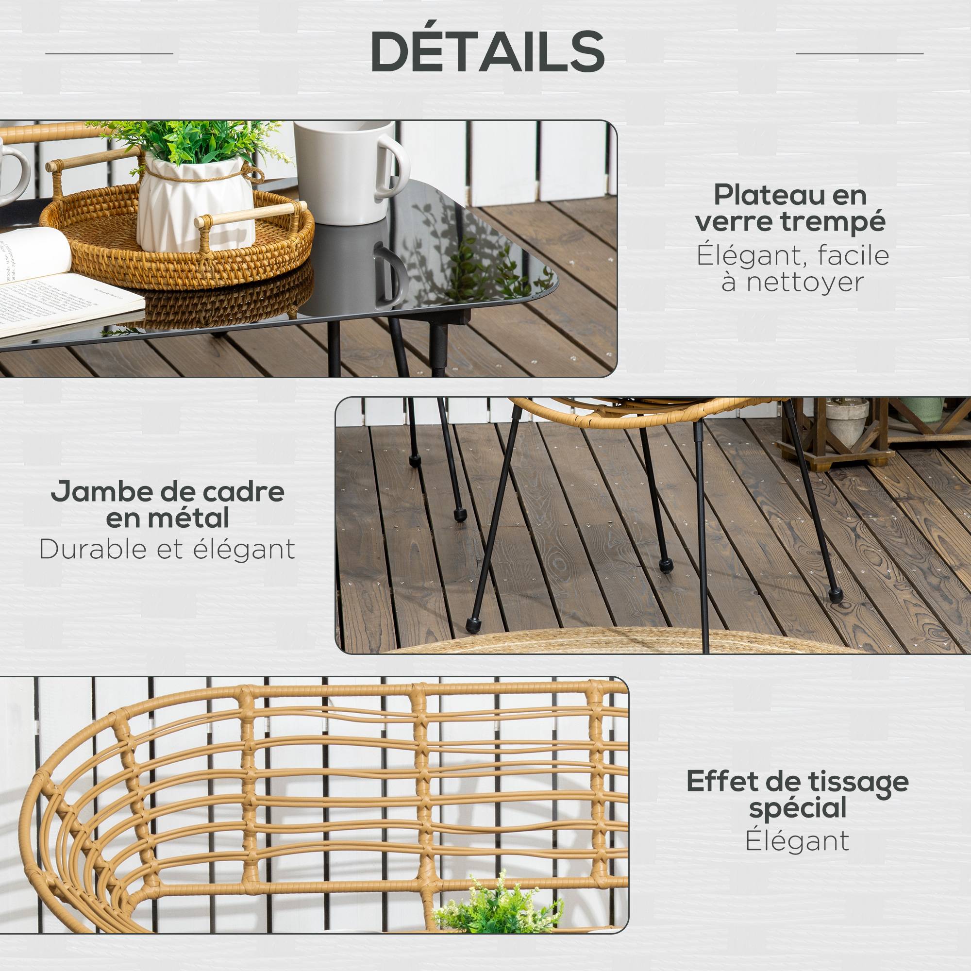 Outsunny - Salon de jardin 4 places 4 pièces style exotique table basse coussins noirs fournis résine tressée aspect rotin - Outsunny - Imagen 6