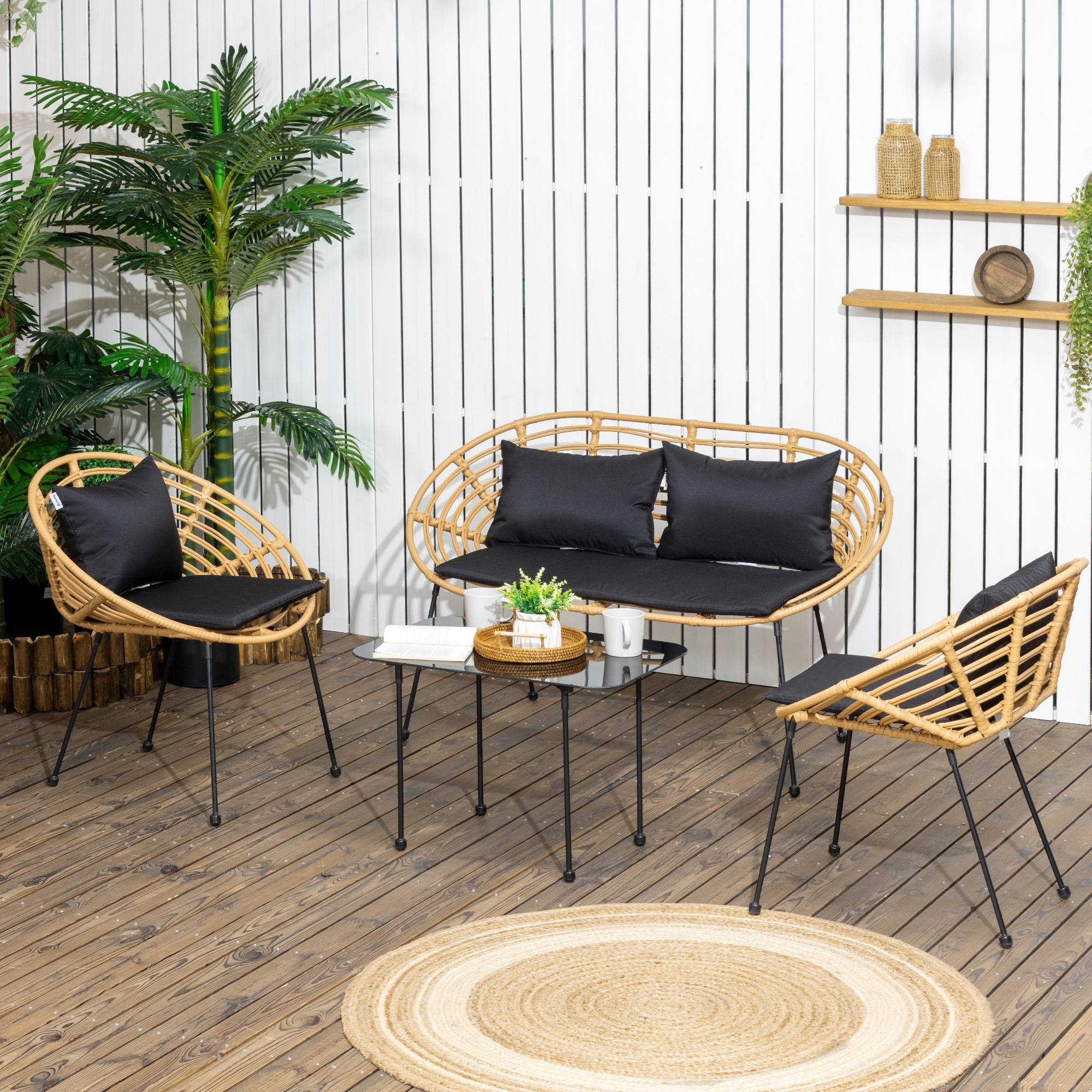 Outsunny - Salon de jardin 4 places 4 pièces style exotique table basse coussins noirs fournis résine tressée aspect rotin - Outsunny - Imagen 2
