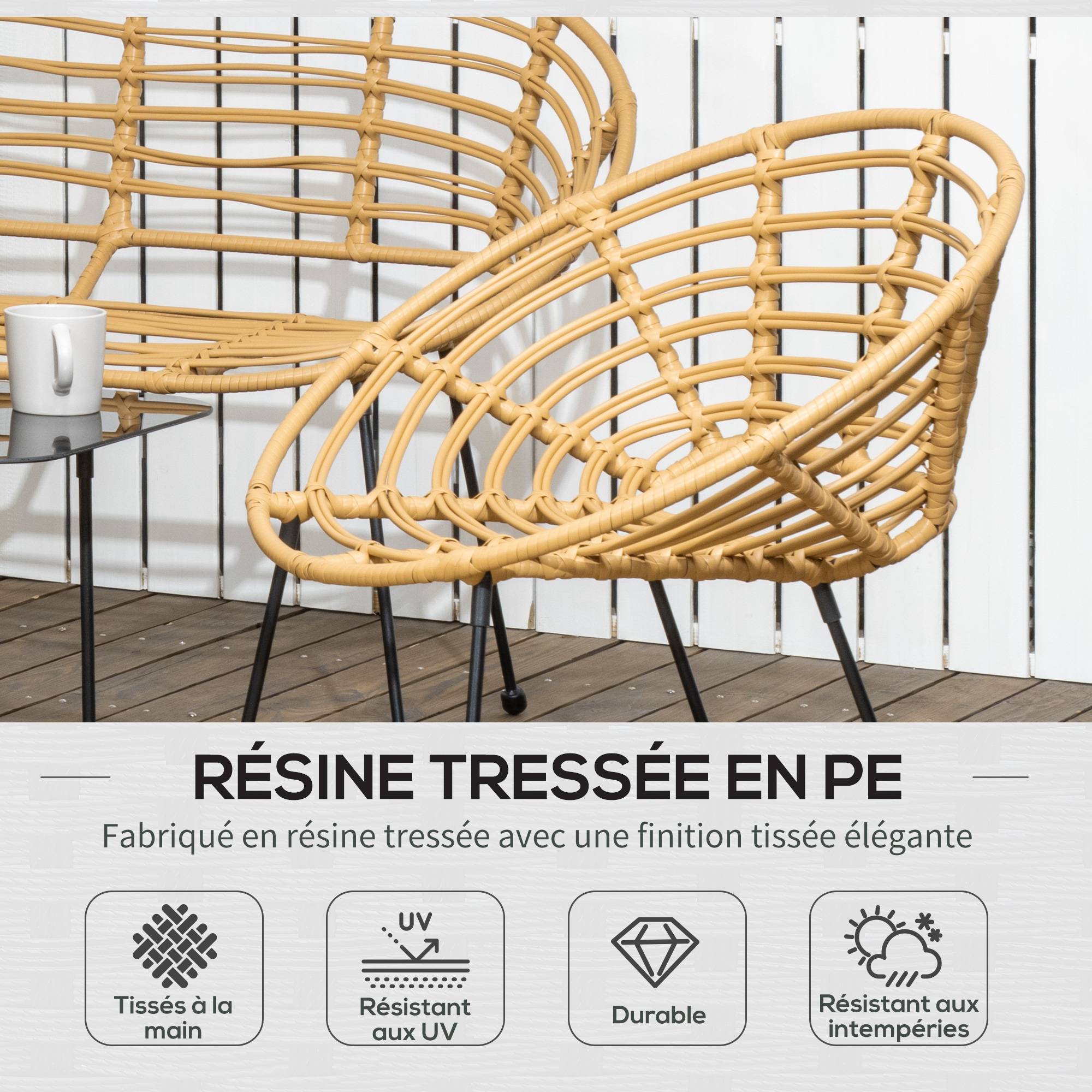 Outsunny - Salon de jardin 4 places 4 pièces style exotique table basse coussins noirs fournis résine tressée aspect rotin - Outsunny - Imagen 5