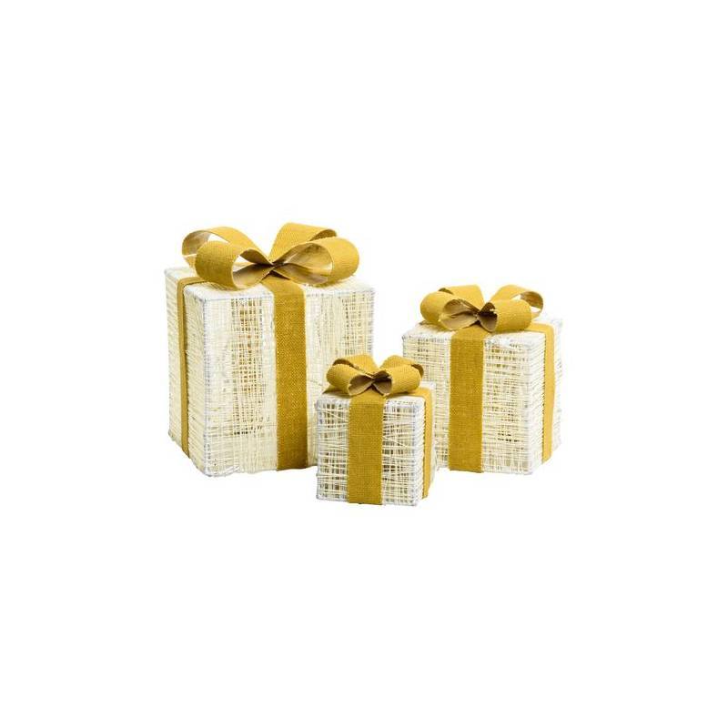 Lotti - Lot de 3 Paquets Cadeaux 3D lumineux H25 20 15cm LED ambré fil tressé crème et marron Lotti - Imagen 9