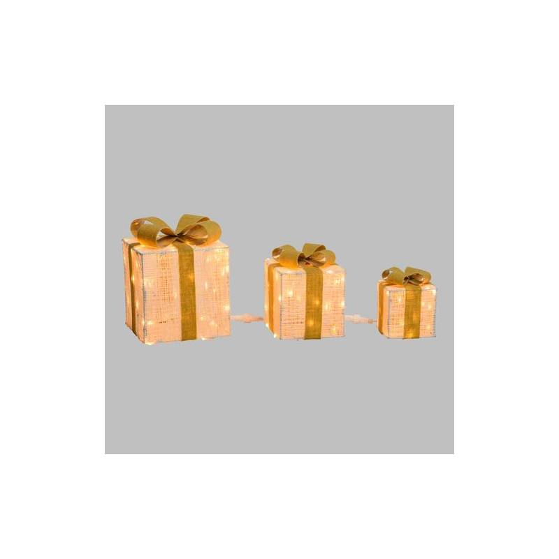 Lotti - Lot de 3 Paquets Cadeaux 3D lumineux H25 20 15cm LED ambré fil tressé crème et marron Lotti - Imagen 5