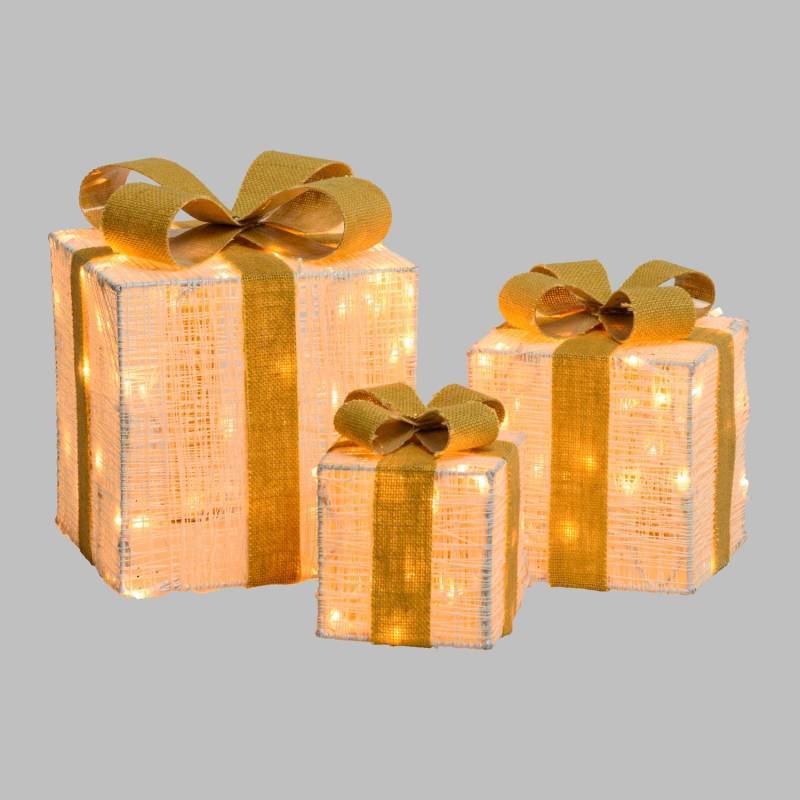 Lotti - Lot de 3 Paquets Cadeaux 3D lumineux H25 20 15cm LED ambré fil tressé crème et marron Lotti - Imagen 1