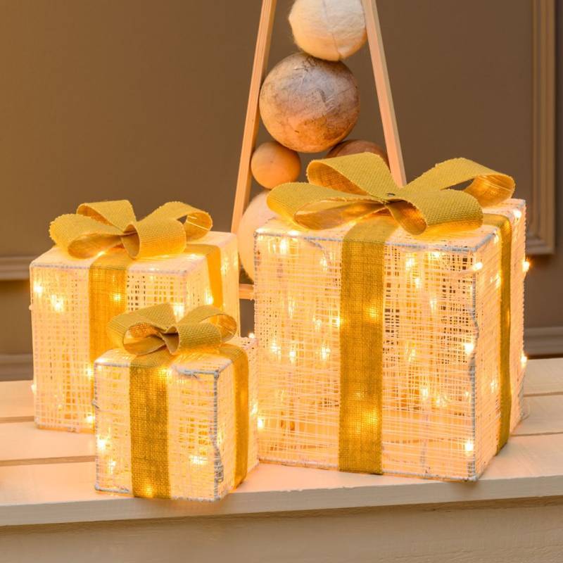 Lotti - Lot de 3 Paquets Cadeaux 3D lumineux H25 20 15cm LED ambré fil tressé crème et marron Lotti - Imagen 10