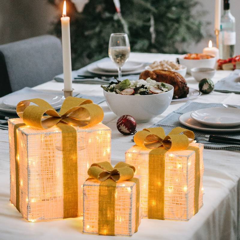 Lotti - Lot de 3 Paquets Cadeaux 3D lumineux H25 20 15cm LED ambré fil tressé crème et marron Lotti - Imagen 2