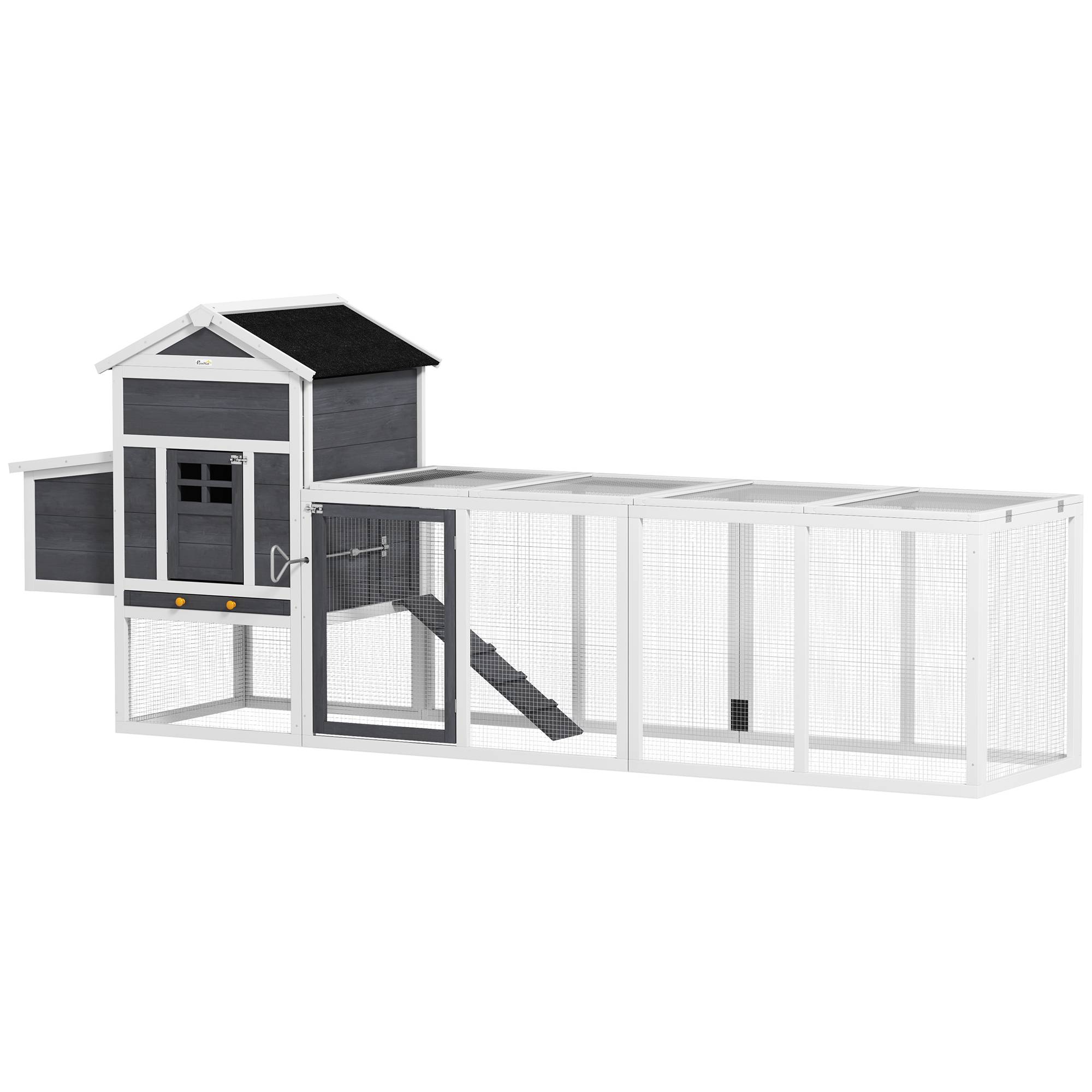 Sans Marque - Grand poulailler bois 3-6 poules toit asphalte pondoir plateau amovible 297,5x68x118 cm blanc/gris