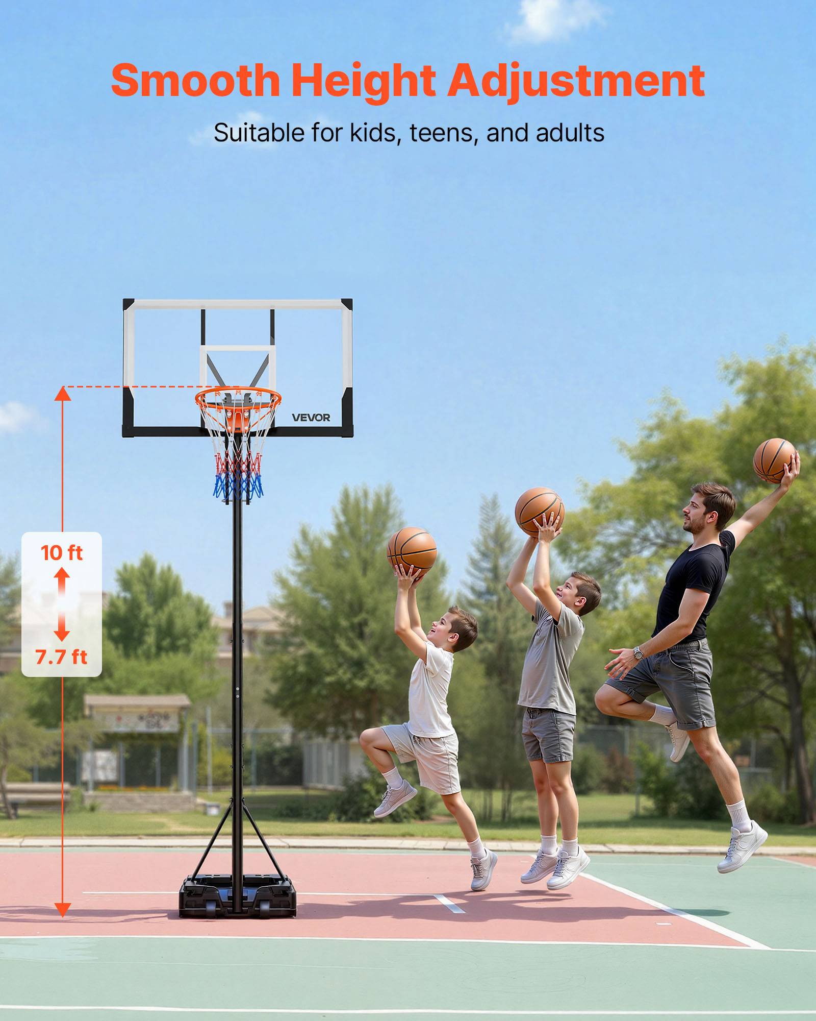 Vevor - VEVOR Panier de basket sur pied mobile, panneau PC 48" 2 mm, hauteur réglable 1,6–3,05 m, base remplissable et roues, pour intérieur et extérieur - Image 7