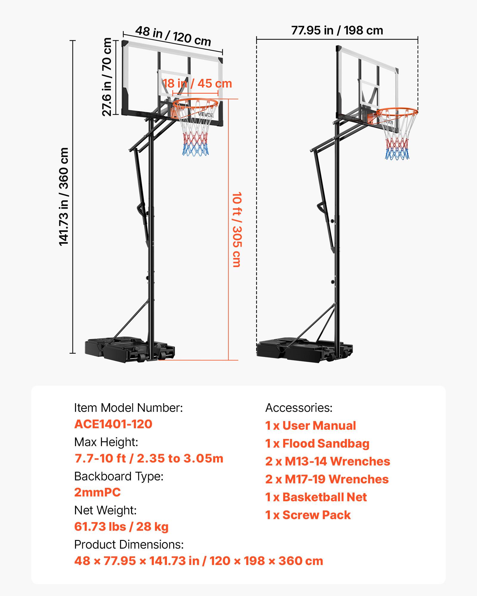 Vevor - VEVOR Panier de basket sur pied mobile, panneau PC 48" 2 mm, hauteur réglable 1,6–3,05 m, base remplissable et roues, pour intérieur et extérieur - Image 6