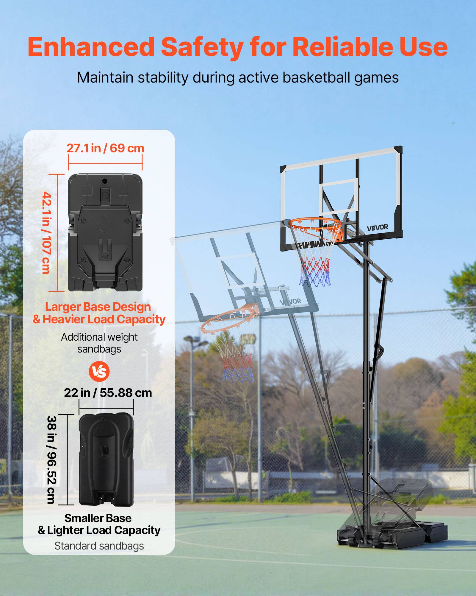 Vevor - VEVOR Panier de basket sur pied mobile, panneau PC 48" 2 mm, hauteur réglable 1,6–3,05 m, base remplissable et roues, pour intérieur et extérieur - Image 3