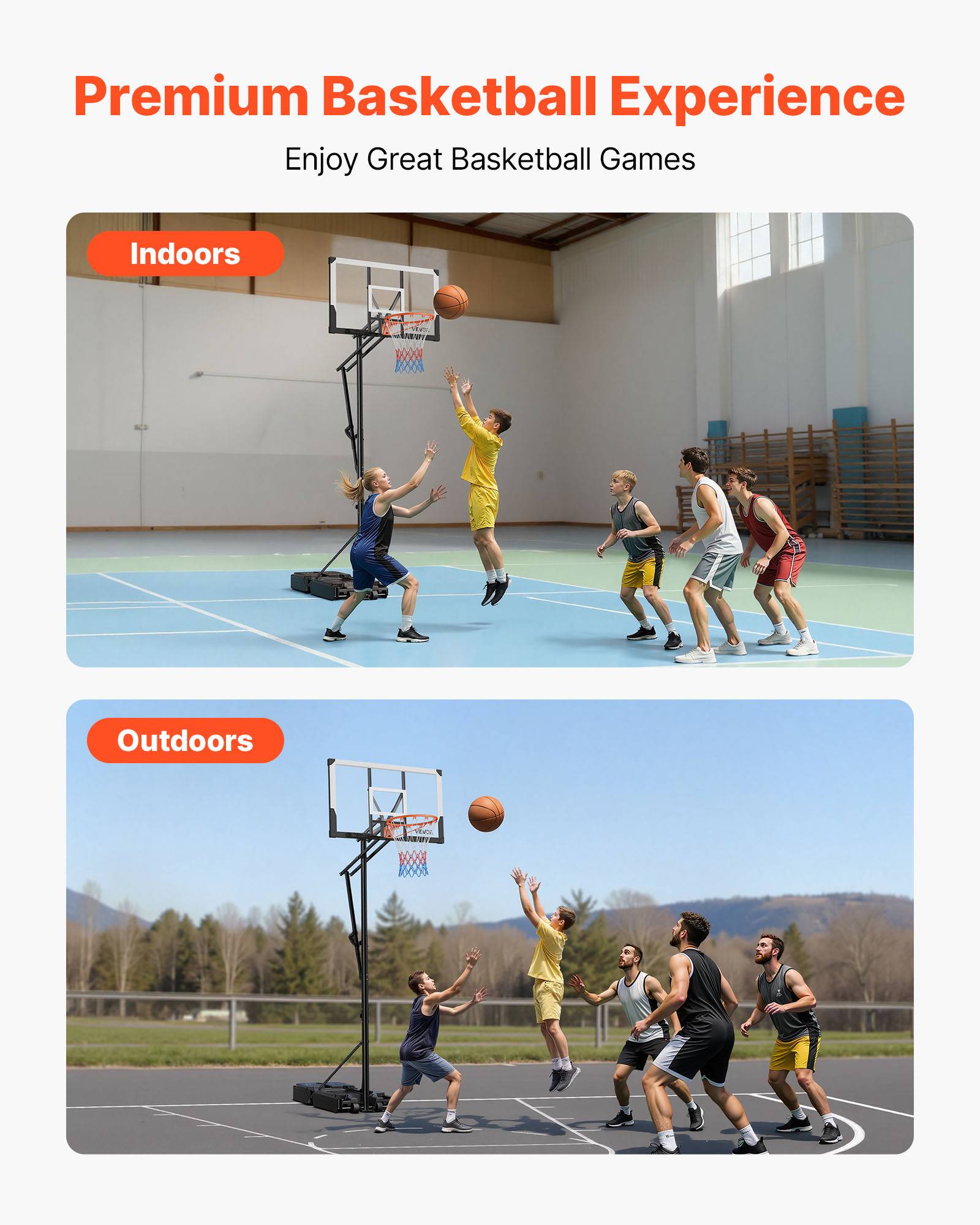 Vevor - VEVOR Panier de basket sur pied mobile, panneau PC 48" 2 mm, hauteur réglable 1,6–3,05 m, base remplissable et roues, pour intérieur et extérieur - Image 2