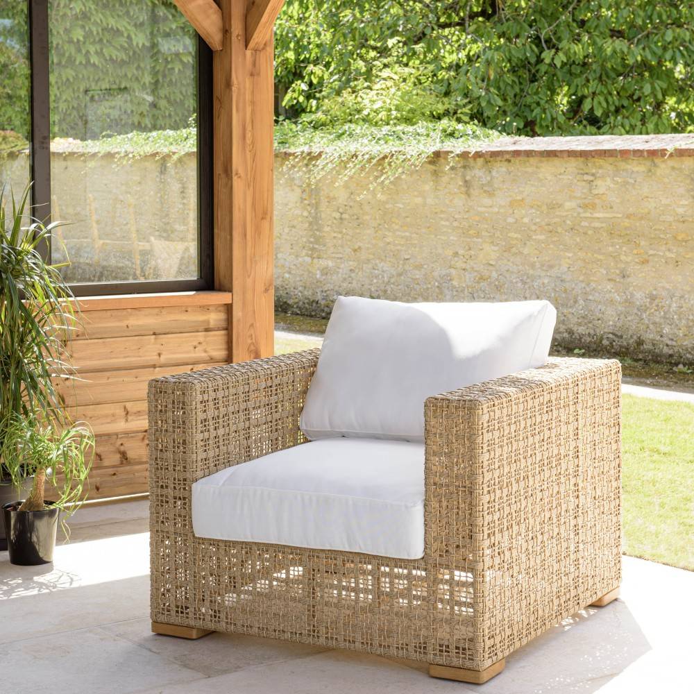 Macabane - VALERIA - Salon de jardin 6 places en rotin synthétique ajouré beige - Imagen 8