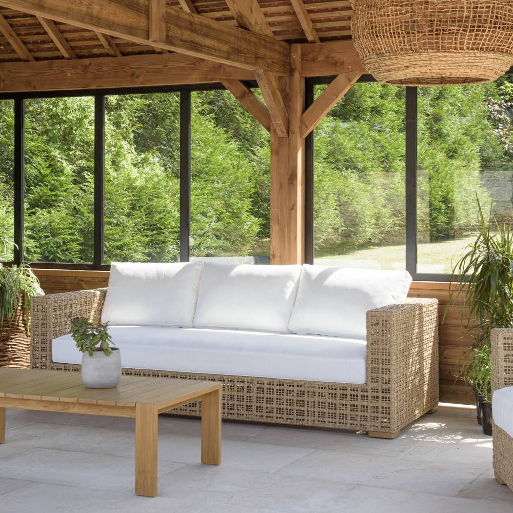 Macabane - VALERIA - Salon de jardin 6 places en rotin synthétique ajouré beige - Imagen 3