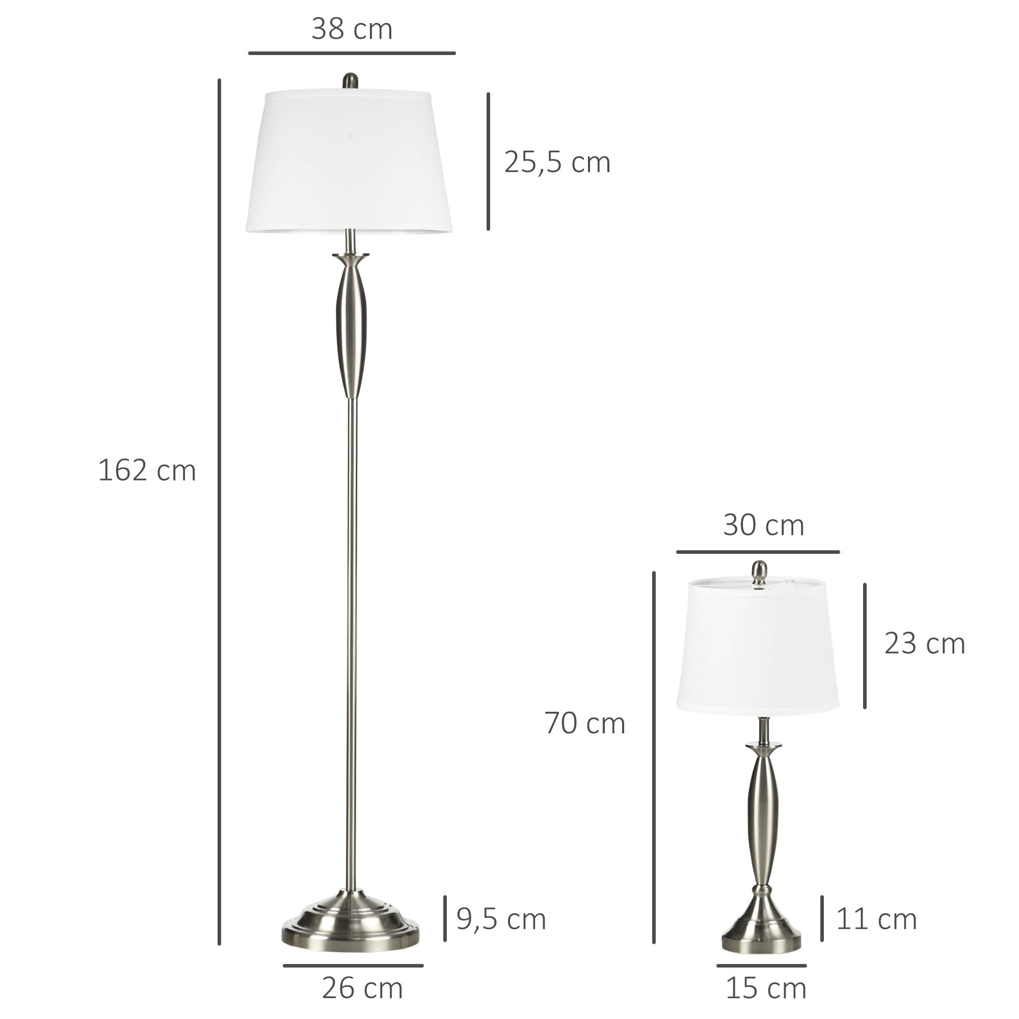 Ensemble de luminaires 3 pièces. 1 lampadaire, 2 lampes de table, aspect lin ; 38 cm x 38 cm x 158 cm, argent et blanc - Image 4