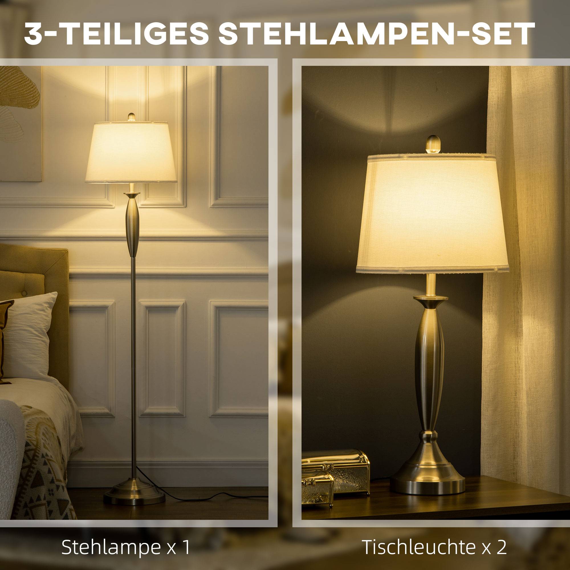 Ensemble de luminaires 3 pièces. 1 lampadaire, 2 lampes de table, aspect lin ; 38 cm x 38 cm x 158 cm, argent et blanc - Image 5