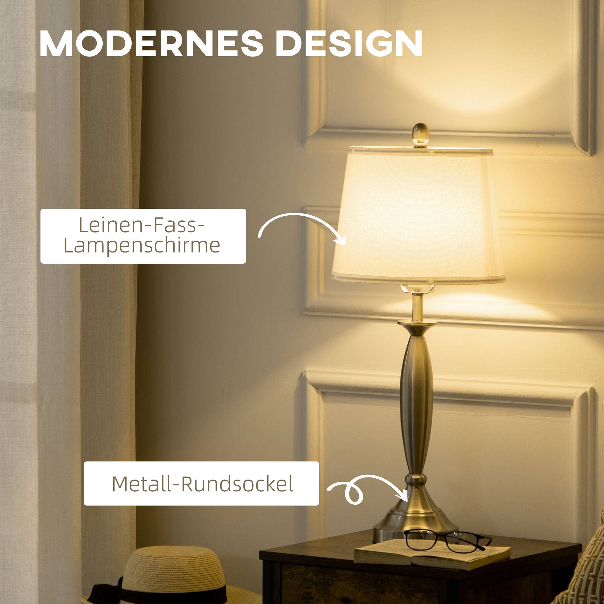 Ensemble de luminaires 3 pièces. 1 lampadaire, 2 lampes de table, aspect lin ; 38 cm x 38 cm x 158 cm, argent et blanc - Image 6