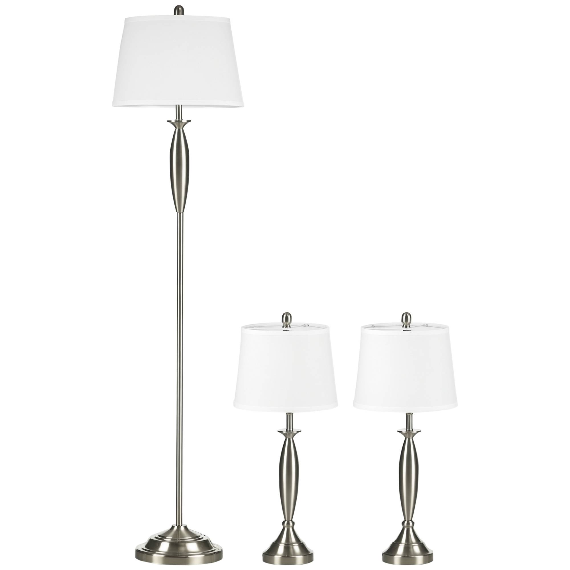 Ensemble de luminaires 3 pièces. 1 lampadaire, 2 lampes de table, aspect lin ; 38 cm x 38 cm x 158 cm, argent et blanc