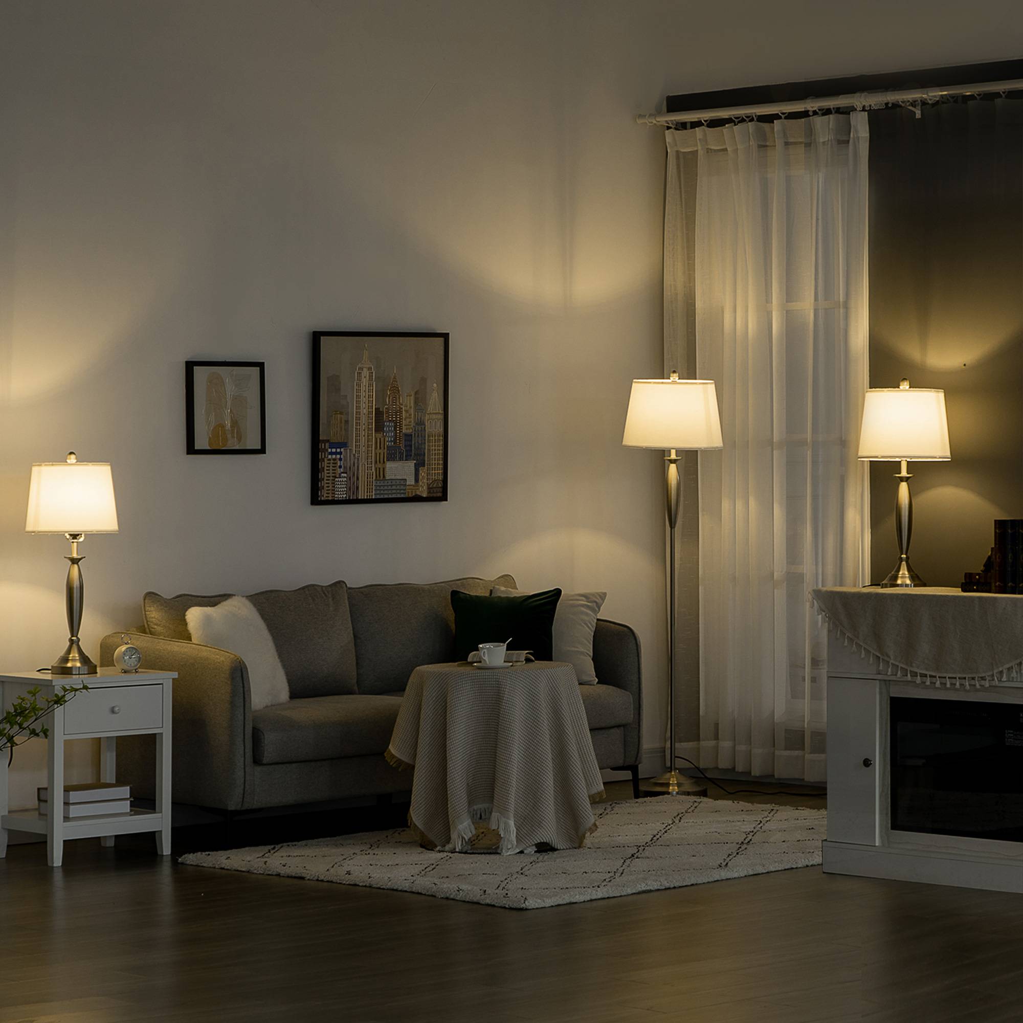 Ensemble de luminaires 3 pièces. 1 lampadaire, 2 lampes de table, aspect lin ; 38 cm x 38 cm x 158 cm, argent et blanc - Image 3