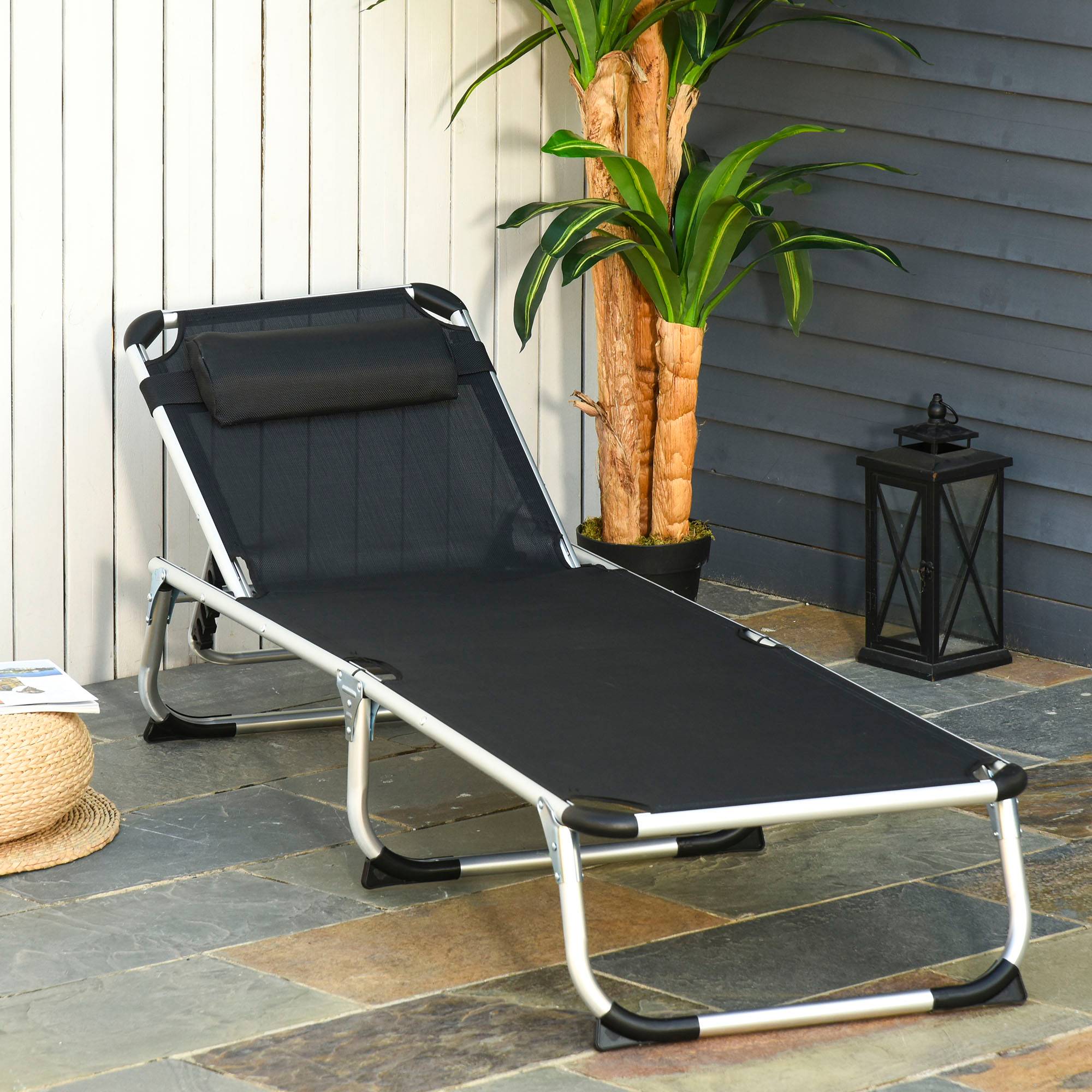 Bain de soleil pliant en aluminium pour jardin et terrasse dossier inclinable noir - ComfortXL Outdoor Living - Image 4