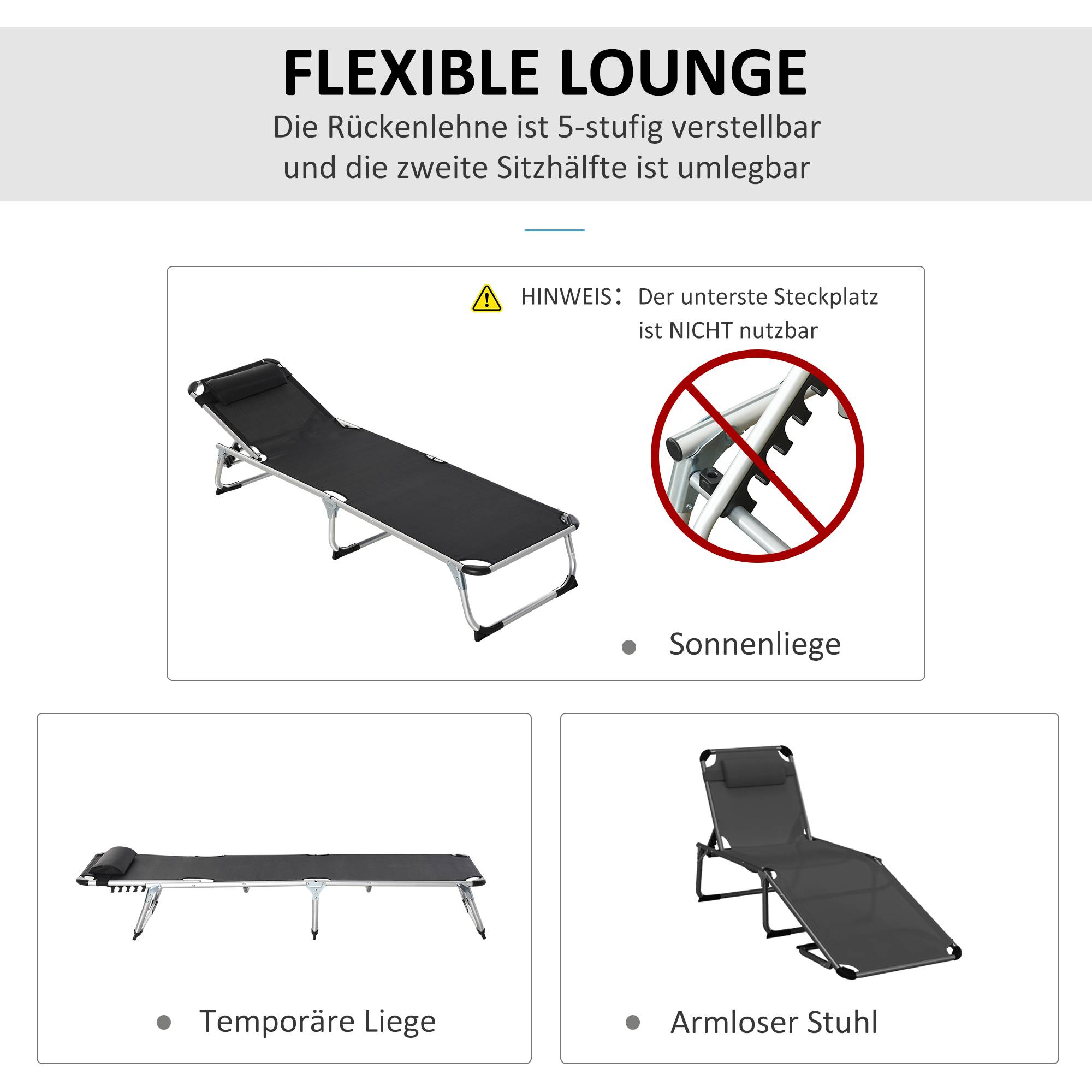 Bain de soleil pliant en aluminium pour jardin et terrasse dossier inclinable noir - ComfortXL Outdoor Living - Image 6
