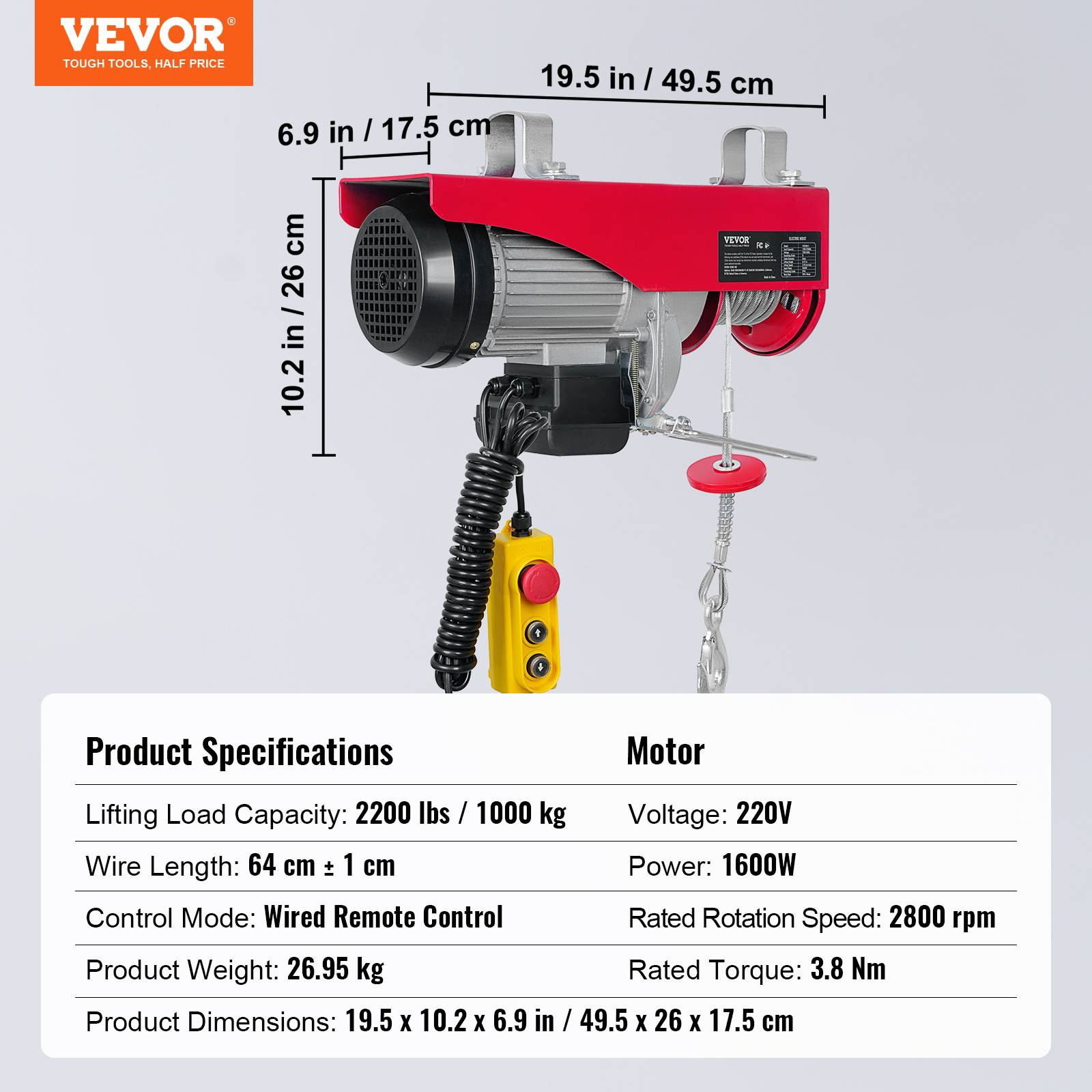 VEVOR Treuil à câble électrique 1000 kg, palan télécommande filaire 4m 1600W, 10 m/min, ht. 12m. - Image 7