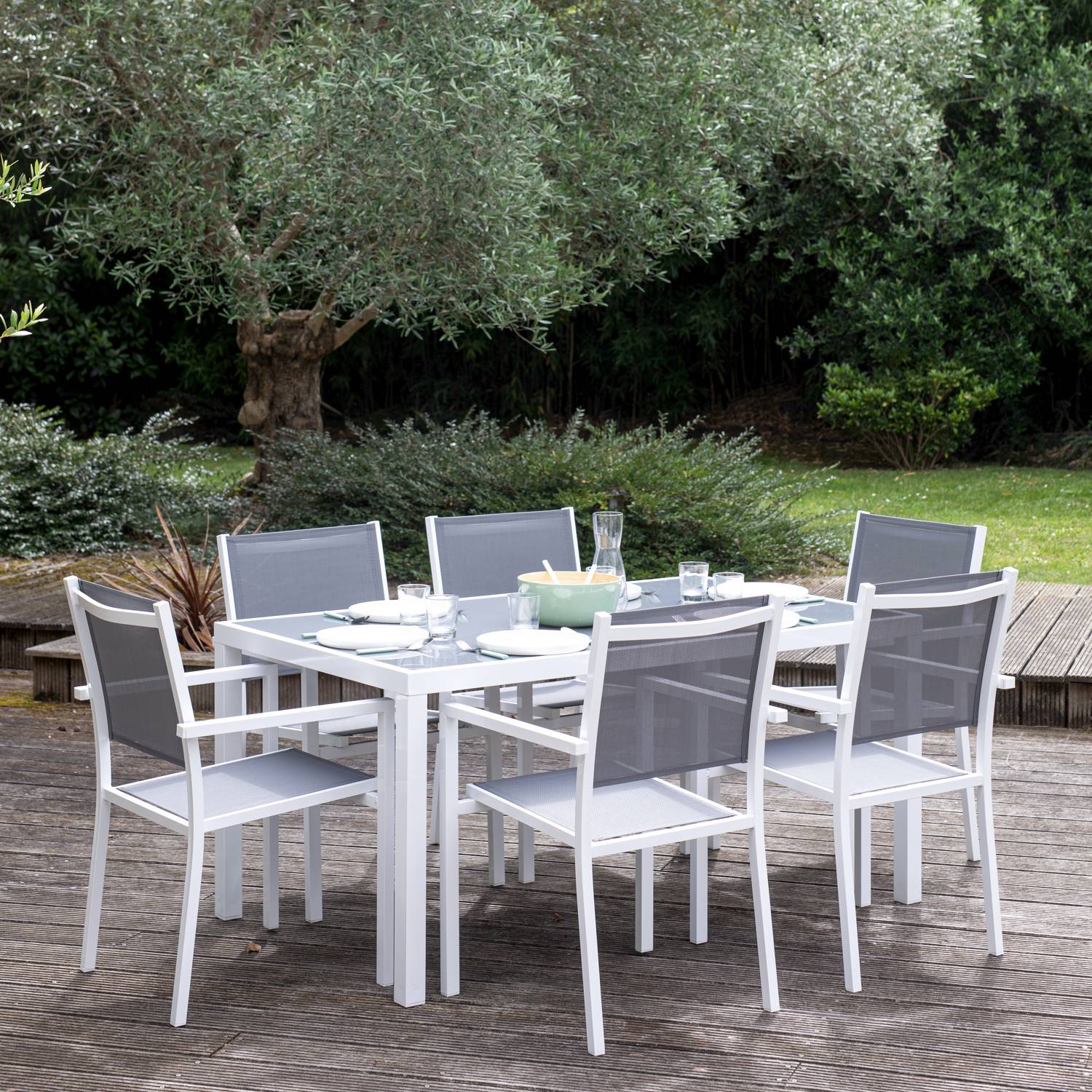 Happy Garden - Salon de jardin BERGAMO en textilène gris 6 places - aluminium blanc - HAPPY GARDEN - Imagen 2