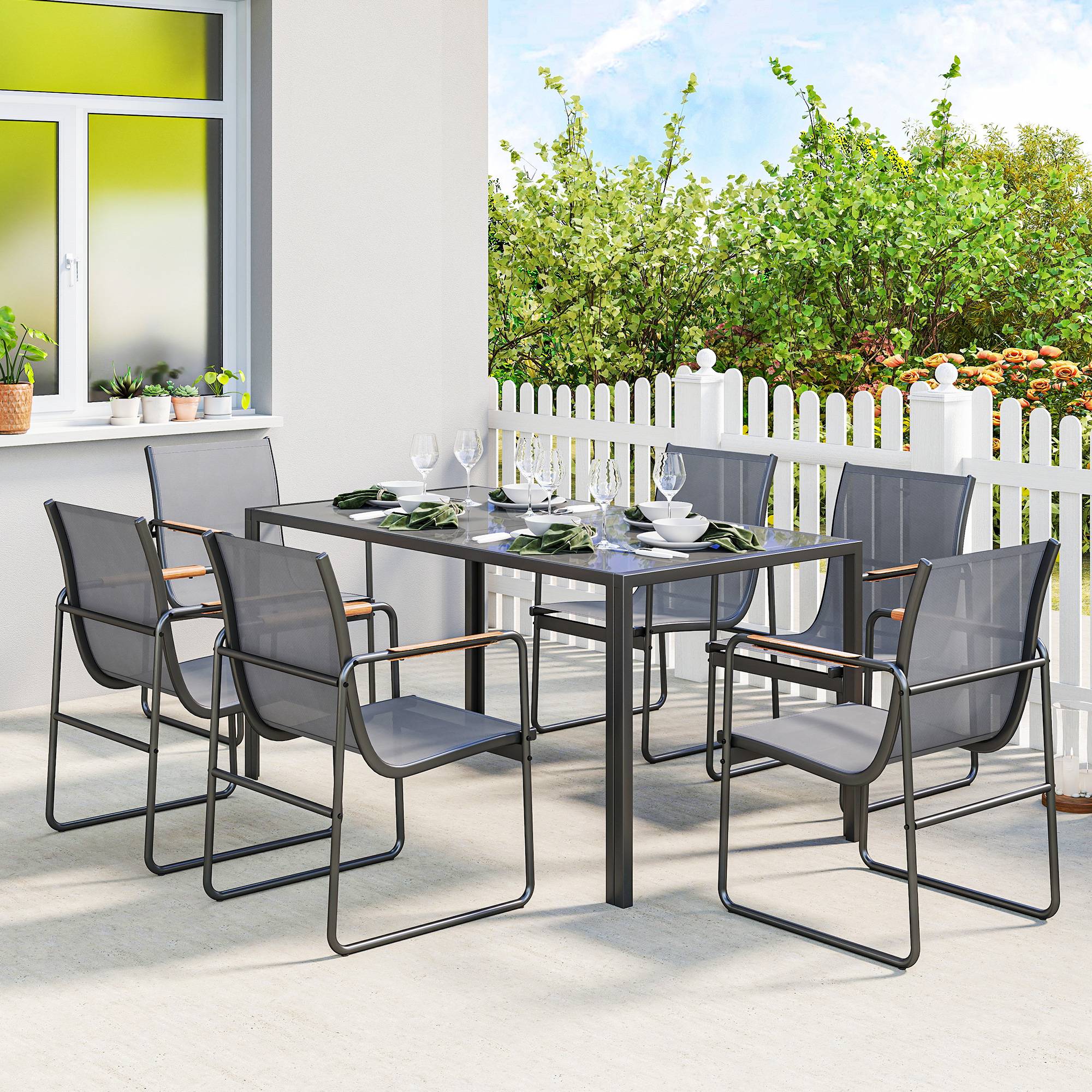 Salon de jardin acier et verre gris 150 x 80 x 73 cm - PANGIVO - Image 3