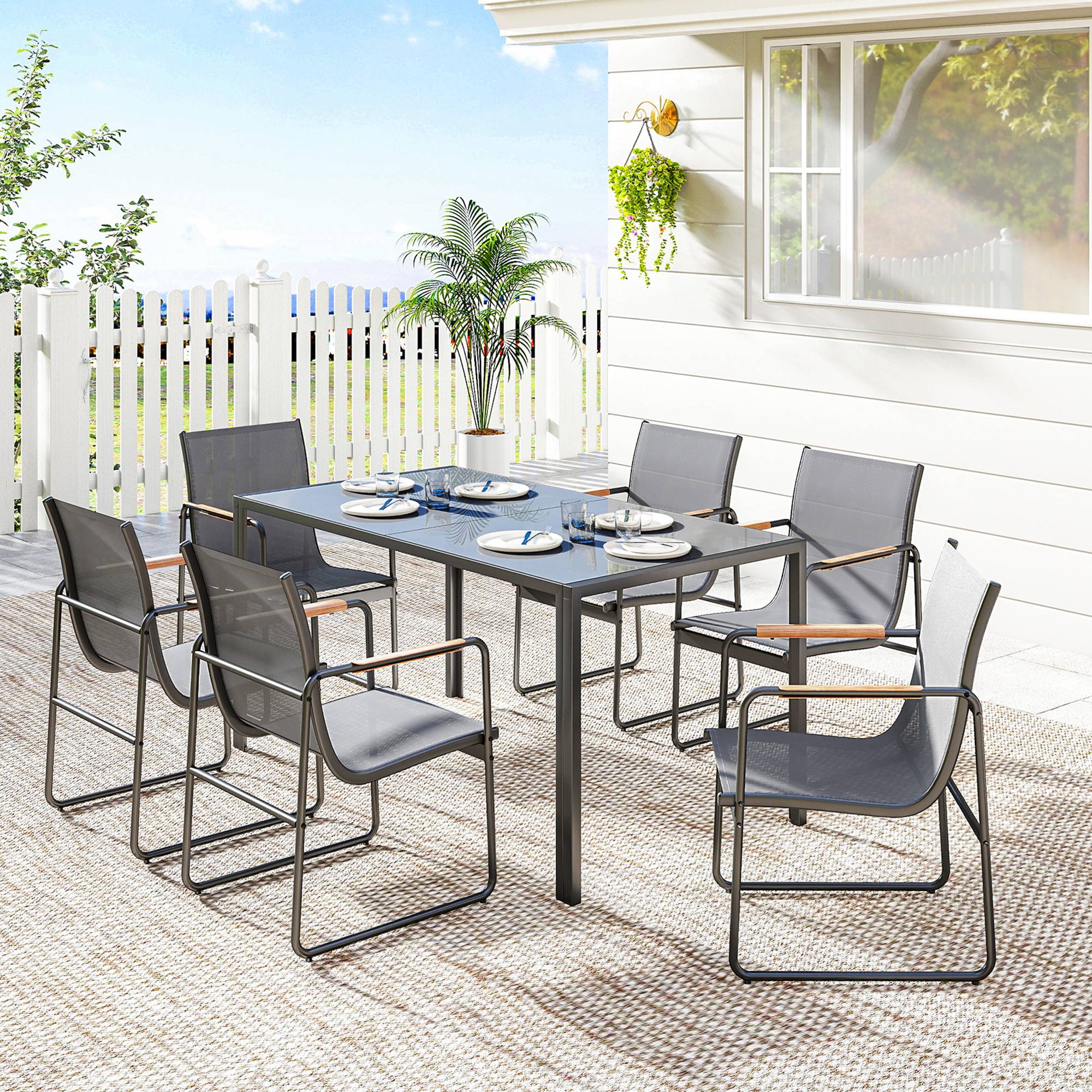 Salon de jardin acier et verre gris 150 x 80 x 73 cm - PANGIVO - Image 4