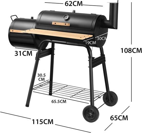 Barbecue à Charbon de Bois-Fumoir Déporté,Couvercle-2 Roues-Caisse de Feu-Table Latérale-Thermomètre - Image 5