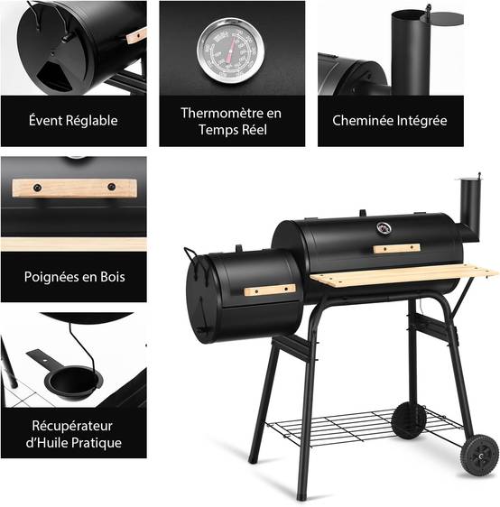 Barbecue à Charbon de Bois-Fumoir Déporté,Couvercle-2 Roues-Caisse de Feu-Table Latérale-Thermomètre - Image 3