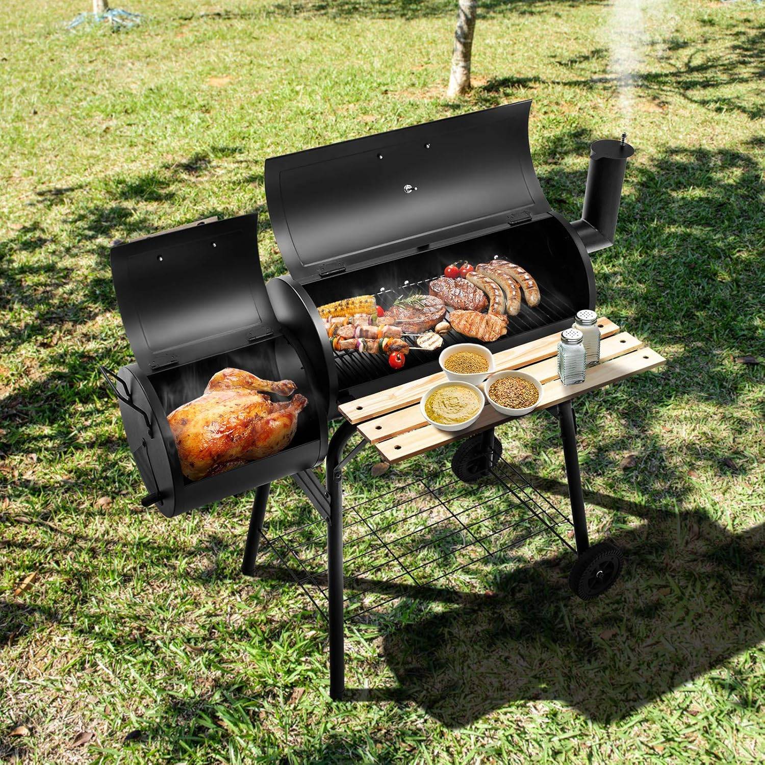 Barbecue à Charbon de Bois-Fumoir Déporté,Couvercle-2 Roues-Caisse de Feu-Table Latérale-Thermomètre - Image 8