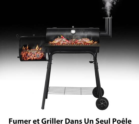 Barbecue à Charbon de Bois-Fumoir Déporté,Couvercle-2 Roues-Caisse de Feu-Table Latérale-Thermomètre - Image 7