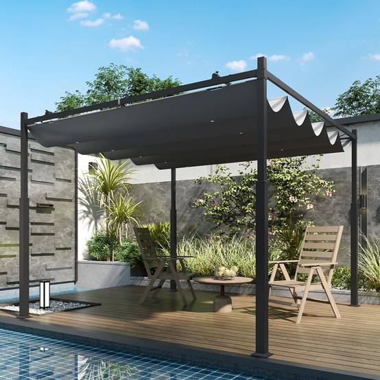 Outsunny - Pergola 3x3m Coulissante Rétractable Fixation Magnétique Tonnelle Abri Soleil UPF30+ Terrasse Patio Polyester 180g/m² Gris - Outsunny - Image 8