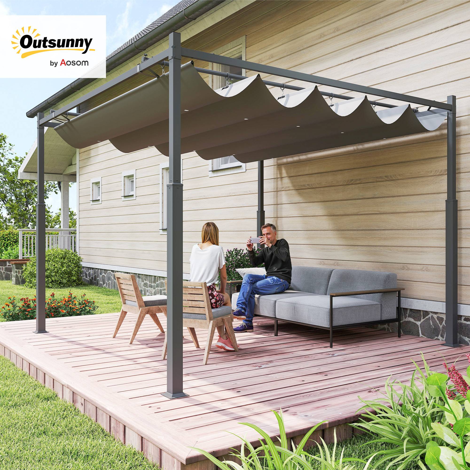 Outsunny - Pergola 3x3m Coulissante Rétractable Fixation Magnétique Tonnelle Abri Soleil UPF30+ Terrasse Patio Polyester 180g/m² Gris - Outsunny - Image 10
