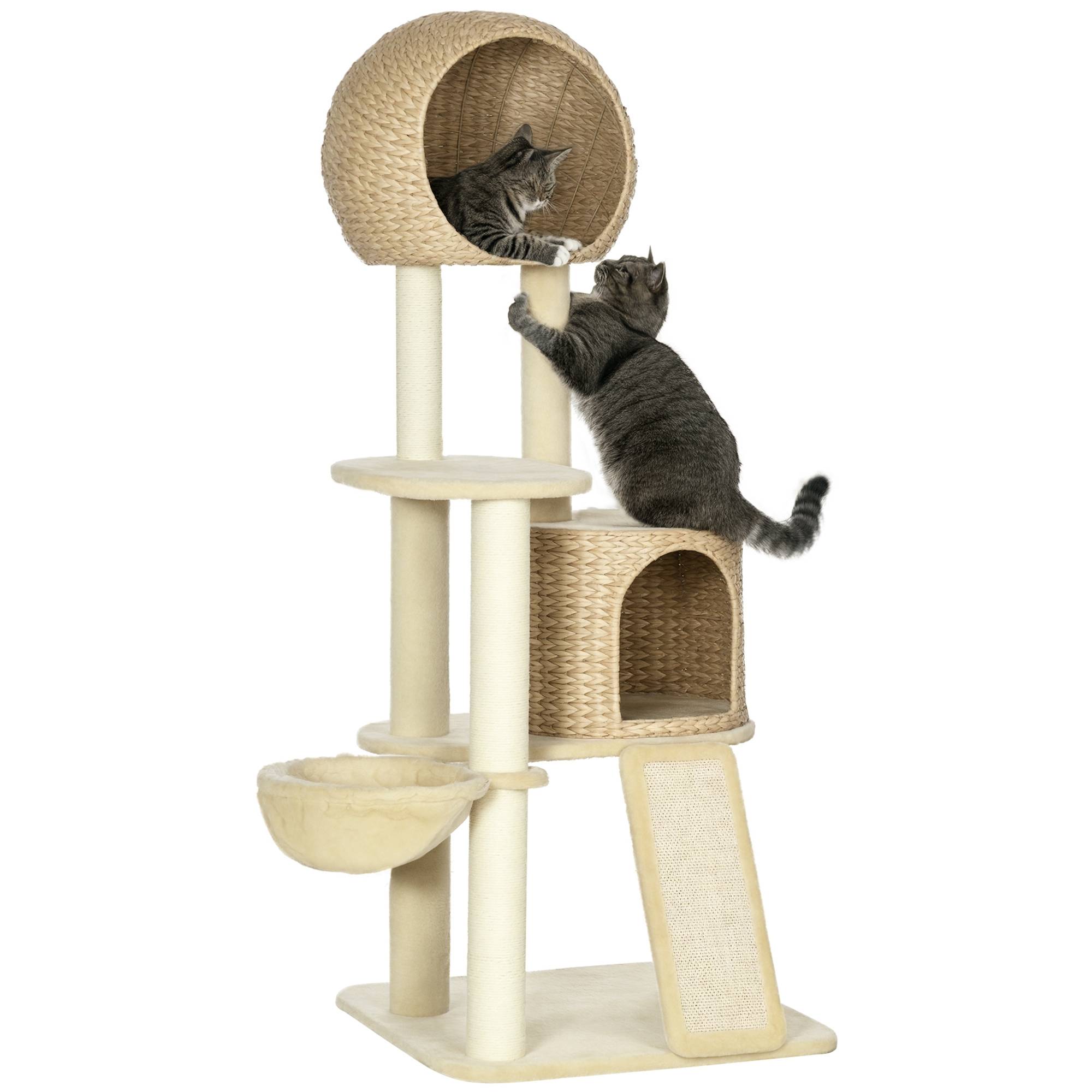 Arbre à chat PawHut avec maison, plateformes, hamac, panneau à griffer, anti-bascule, beige, 60 x 60 x 150 cm - Image 1