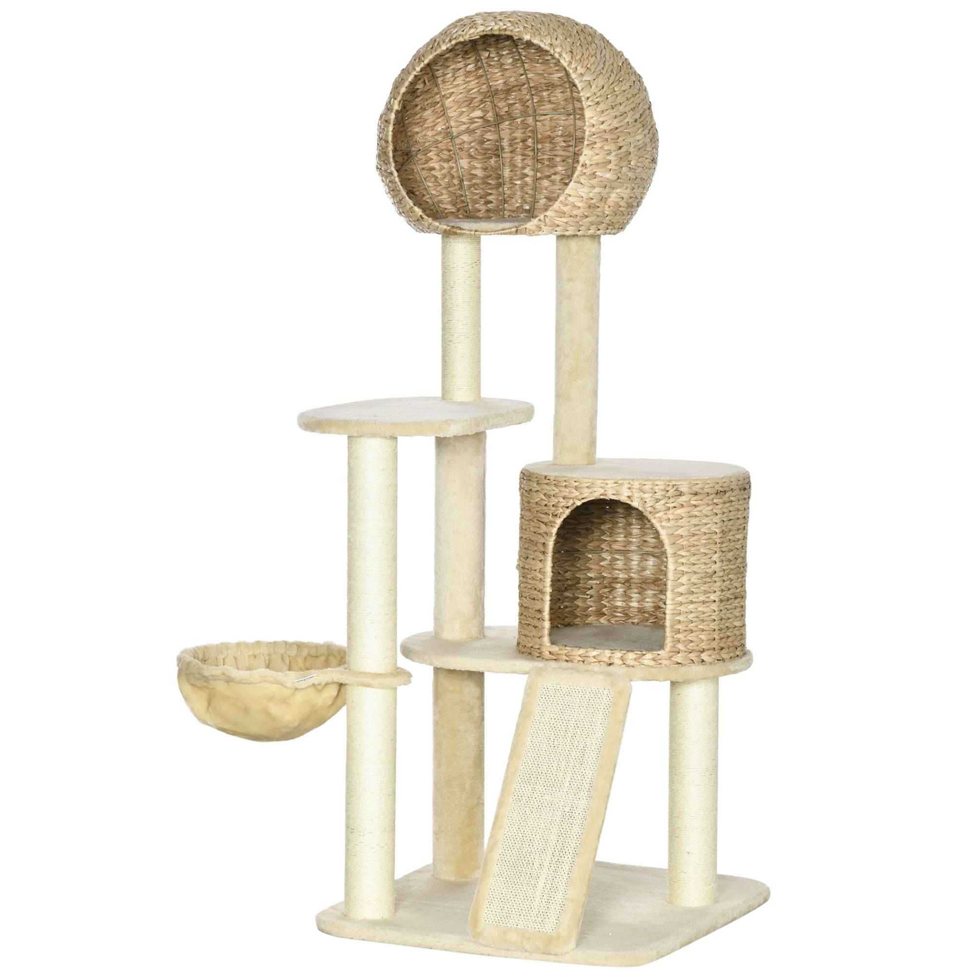 Arbre à chat PawHut avec maison, plateformes, hamac, panneau à griffer, anti-bascule, beige, 60 x 60 x 150 cm - Image 2