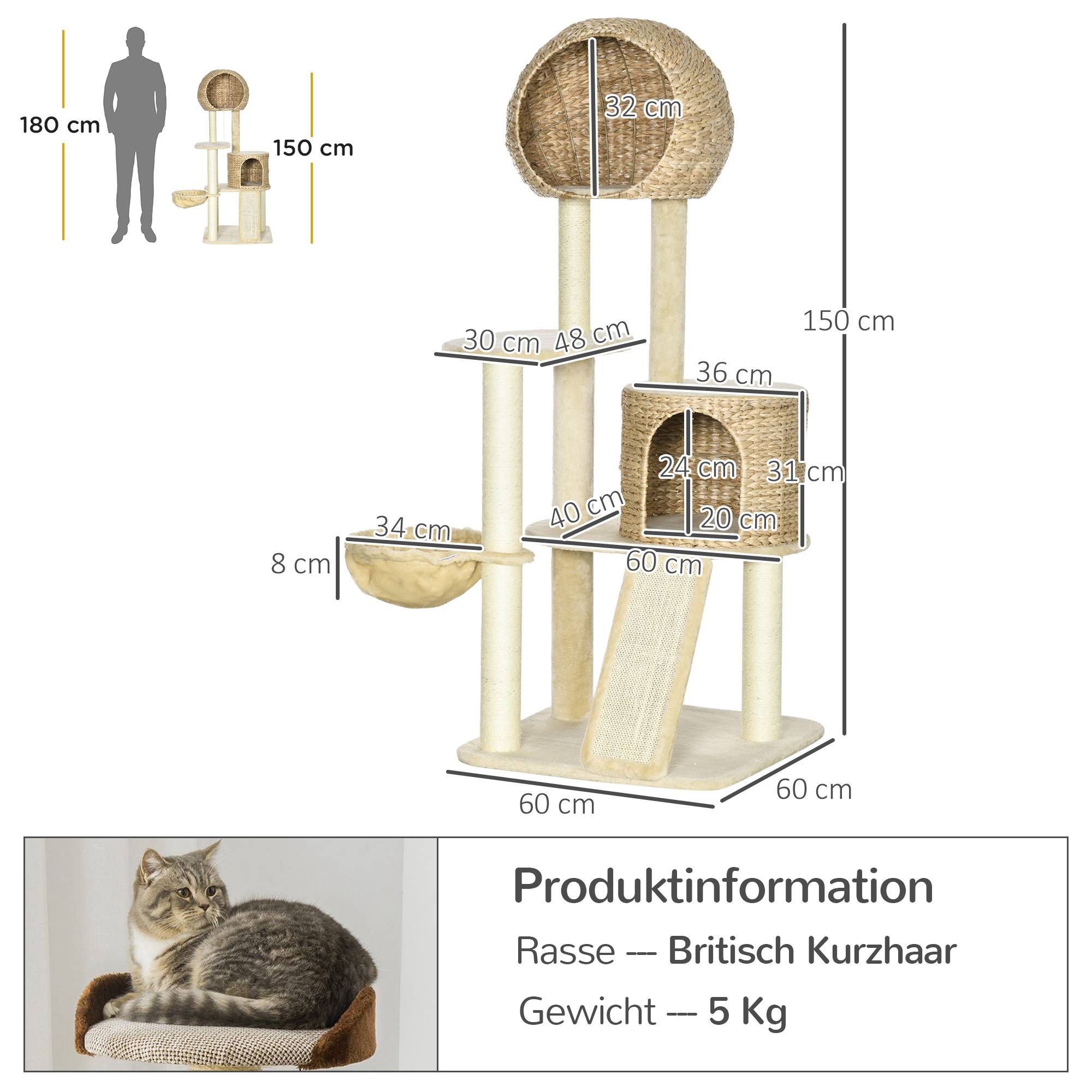 Arbre à chat PawHut avec maison, plateformes, hamac, panneau à griffer, anti-bascule, beige, 60 x 60 x 150 cm - Image 5