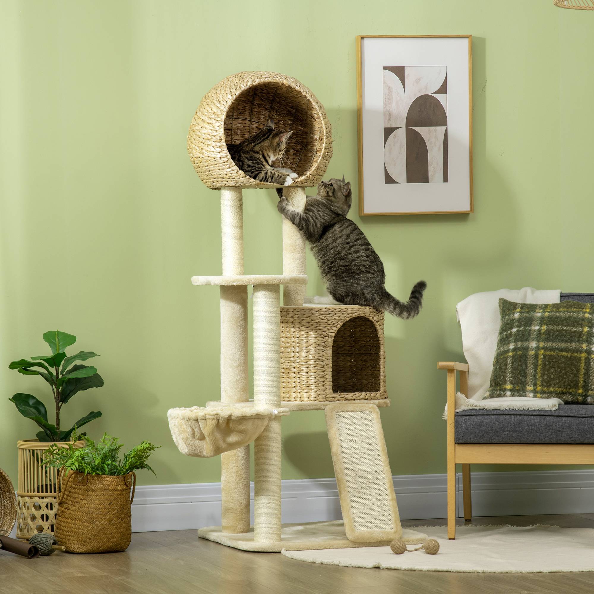 Arbre à chat PawHut avec maison, plateformes, hamac, panneau à griffer, anti-bascule, beige, 60 x 60 x 150 cm - Image 4