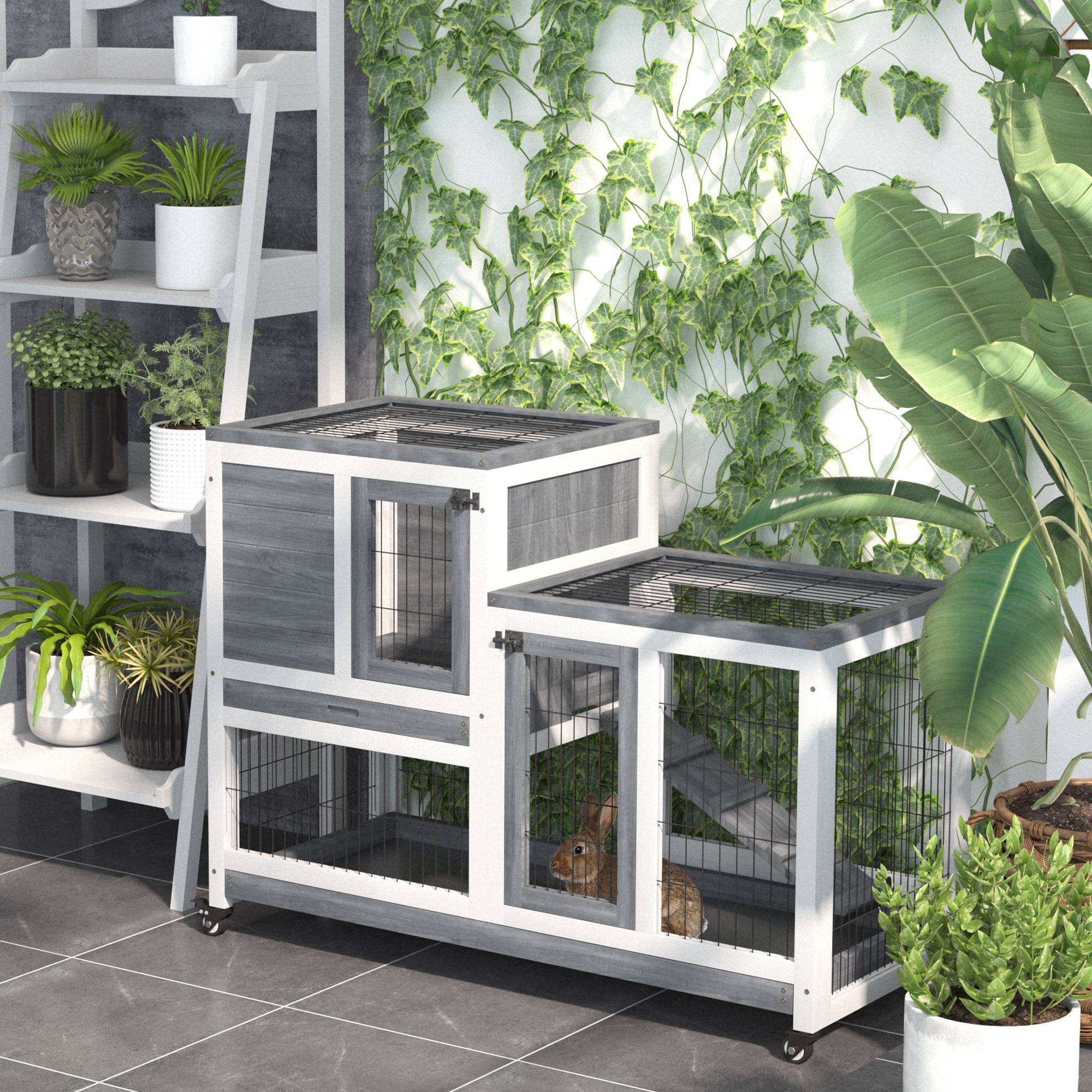 ComfortXL - Clapier d'Intérieur Bois à 2 Étages sur Roulettes pour Lapin et Cochon d'Inde 110cm Gris - ComfortXL Outdoor Living - Image 4