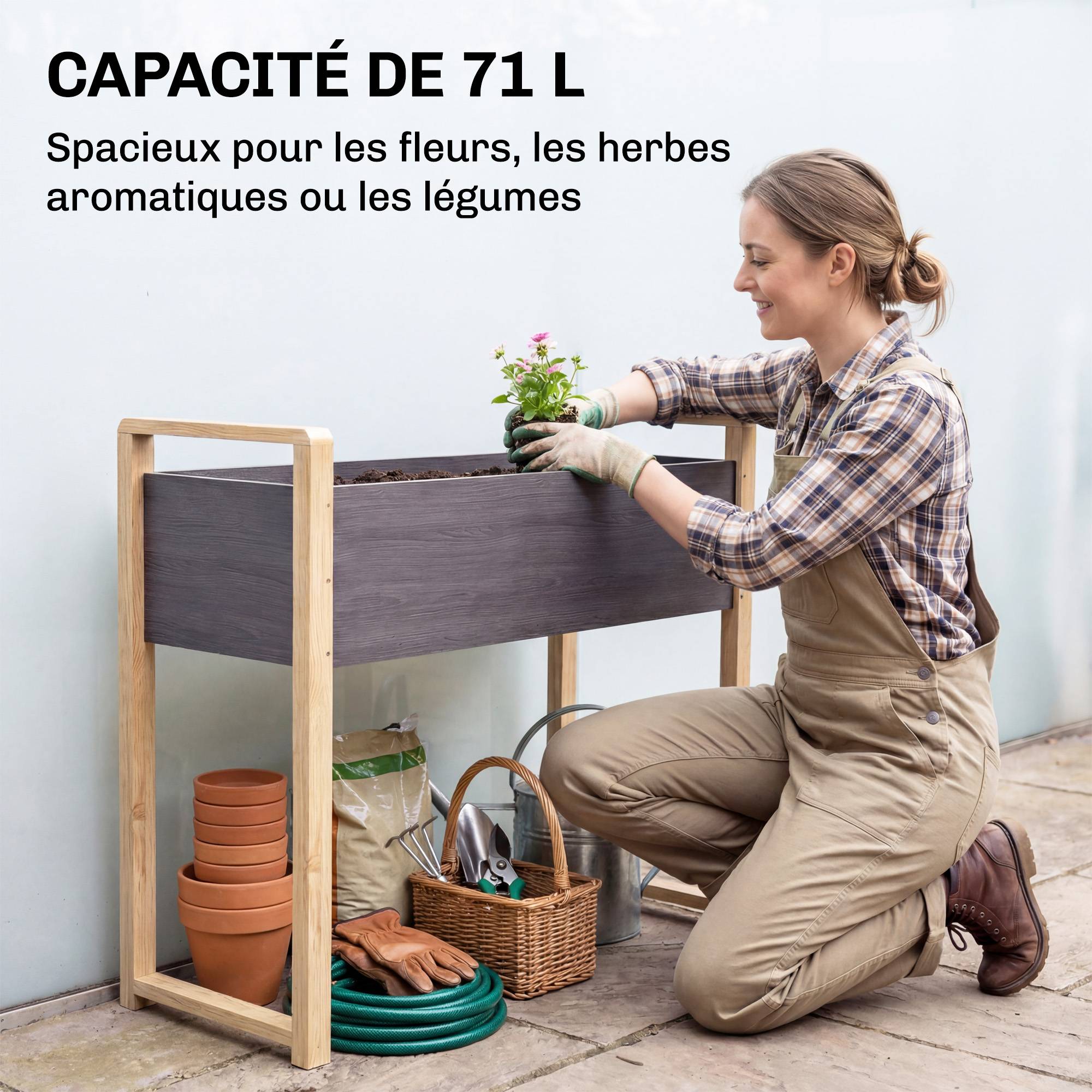 Carré potager surélevé bois massif balcon drainage efficace 98x37x90cm gris - ComfortXL Outdoor Living - Image 6