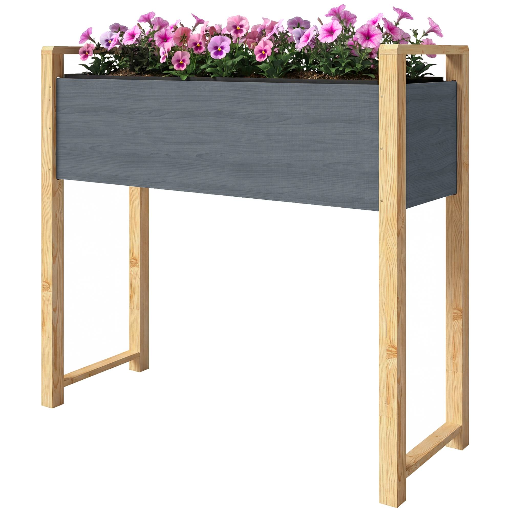 Carré potager surélevé bois massif balcon drainage efficace 98x37x90cm gris - ComfortXL Outdoor Living - Image 2