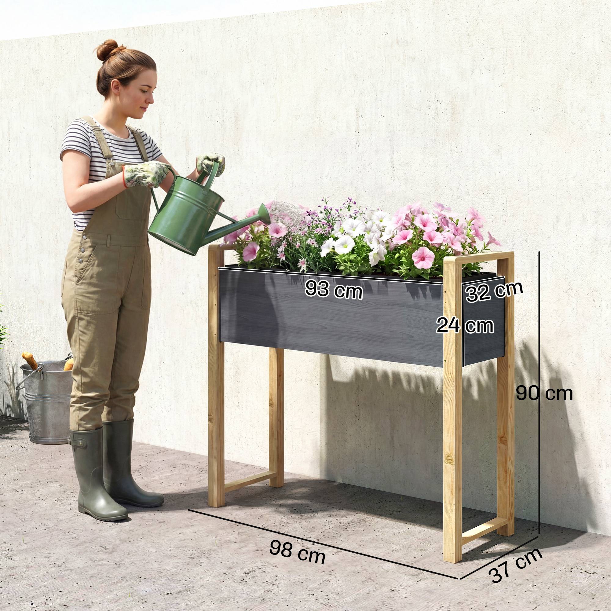 Carré potager surélevé bois massif balcon drainage efficace 98x37x90cm gris - ComfortXL Outdoor Living - Image 5