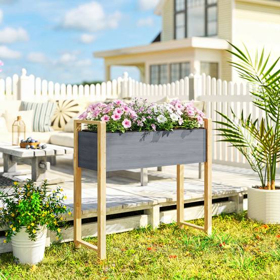 Carré potager surélevé bois massif balcon drainage efficace 98x37x90cm gris - ComfortXL Outdoor Living - Image 3