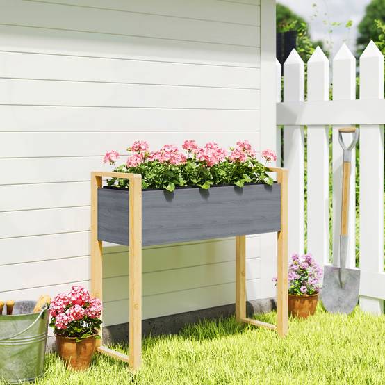 Carré potager surélevé bois massif balcon drainage efficace 98x37x90cm gris - ComfortXL Outdoor Living - Image 4