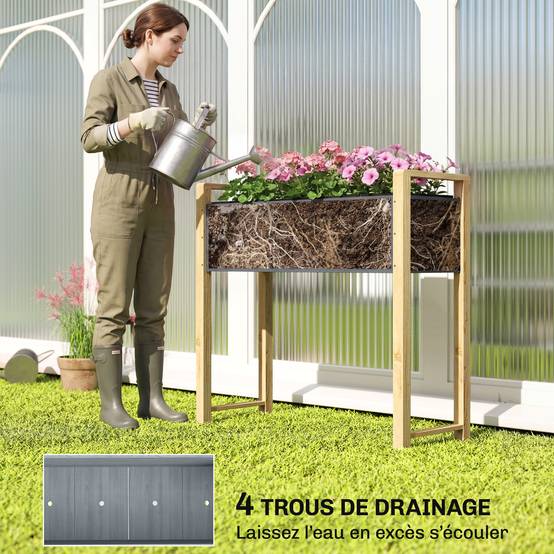 Carré potager surélevé bois massif balcon drainage efficace 98x37x90cm gris - ComfortXL Outdoor Living - Image 7