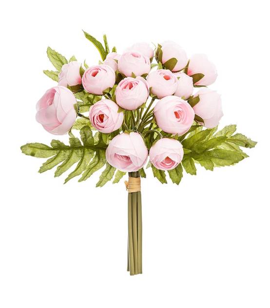 Bouquet de Fleurs artificielles 18 mini Camélias Rose D. 17 x H. 26 cm - Image 1