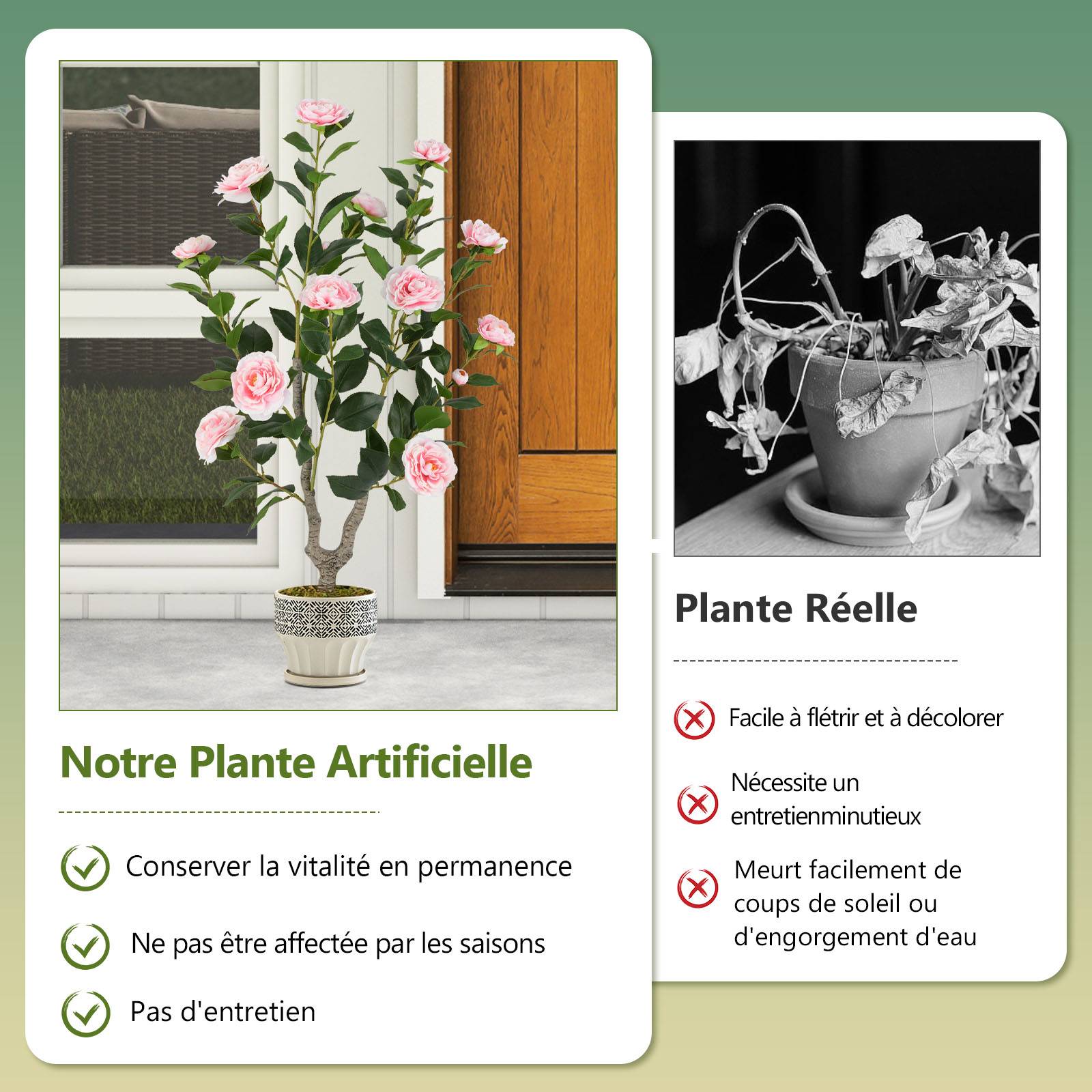 Arbre de Camélia Artificiel de 90 cm, Plante à Fleurs Artificielles dans un Pot de Pépinière, Faux Arbre en Pot, Plante Florale Verte, Rose - Image 6