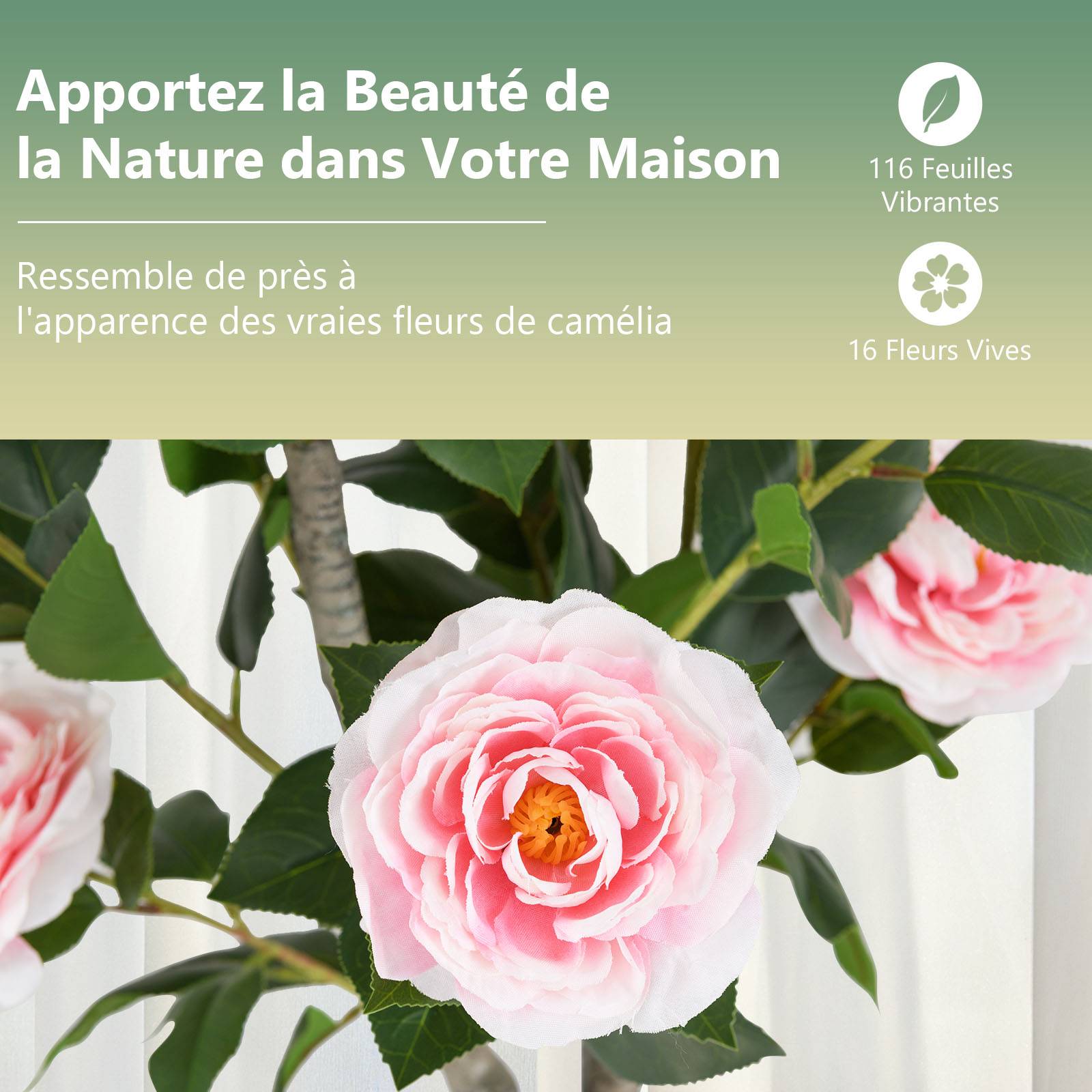 Arbre de Camélia Artificiel de 90 cm, Plante à Fleurs Artificielles dans un Pot de Pépinière, Faux Arbre en Pot, Plante Florale Verte, Rose - Image 3