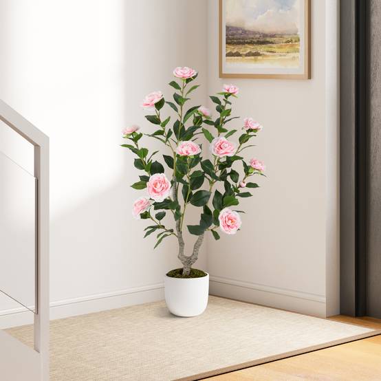Arbre de Camélia Artificiel de 90 cm, Plante à Fleurs Artificielles dans un Pot de Pépinière, Faux Arbre en Pot, Plante Florale Verte, Rose - Image 7