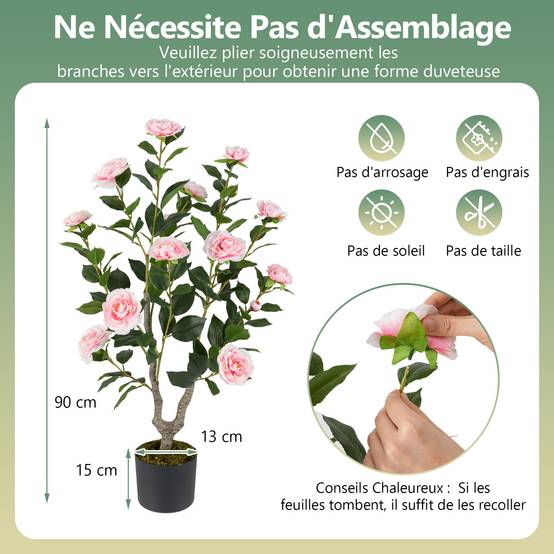 Arbre de Camélia Artificiel de 90 cm, Plante à Fleurs Artificielles dans un Pot de Pépinière, Faux Arbre en Pot, Plante Florale Verte, Rose - Image 2